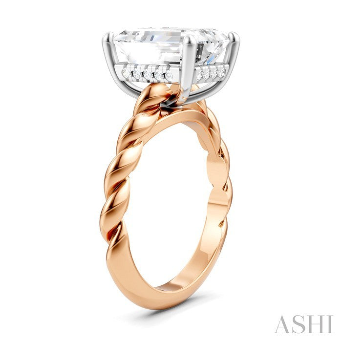 1/10 Ctw Akari Emerald Shape Rope Shank Round Cut Diamond Semi Mount Engagement Ring in 14K Rose and White Gold