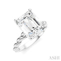1/10 Ctw Akari Emerald Shape Rope Shank Round Cut Diamond Semi Mount Engagement Ring in 14K White Gold