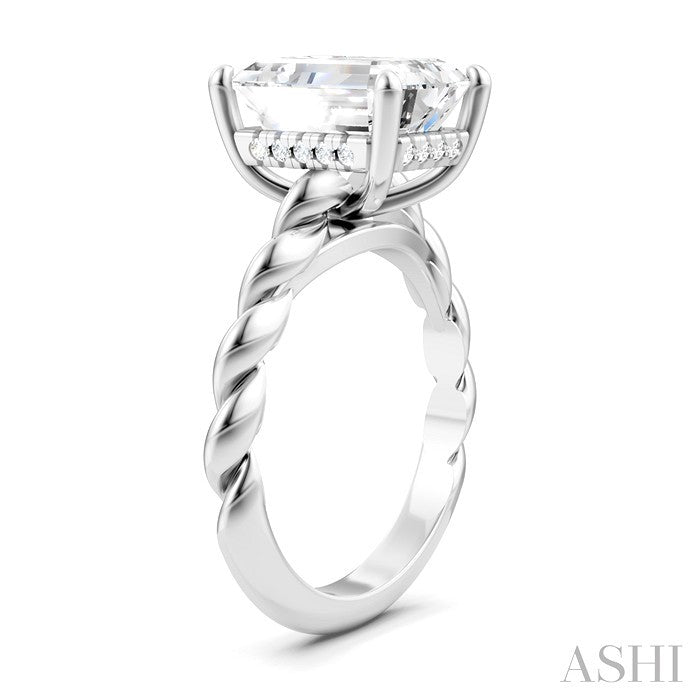 1/10 Ctw Akari Emerald Shape Rope Shank Round Cut Diamond Semi Mount Engagement Ring in 14K White Gold