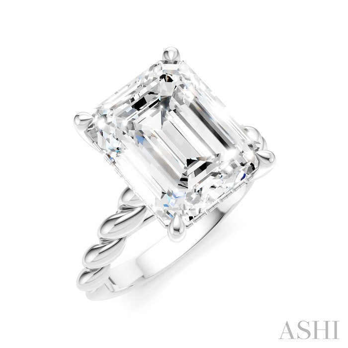1/8 Ctw Akari Emerald Shape Rope Shank Round Cut Diamond Semi Mount Engagement Ring in 14K White Gold