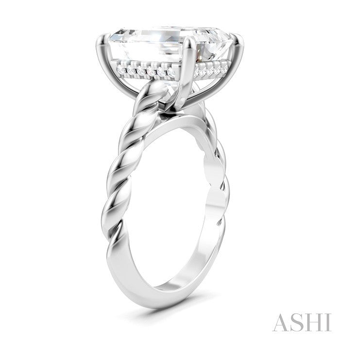 1/8 Ctw Akari Emerald Shape Rope Shank Round Cut Diamond Semi Mount Engagement Ring in 14K White Gold