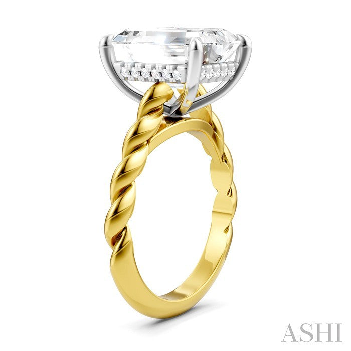 1/8 Ctw Akari Emerald Shape Rope Shank Round Cut Diamond Semi Mount Engagement Ring in 14K Yellow and White Gold