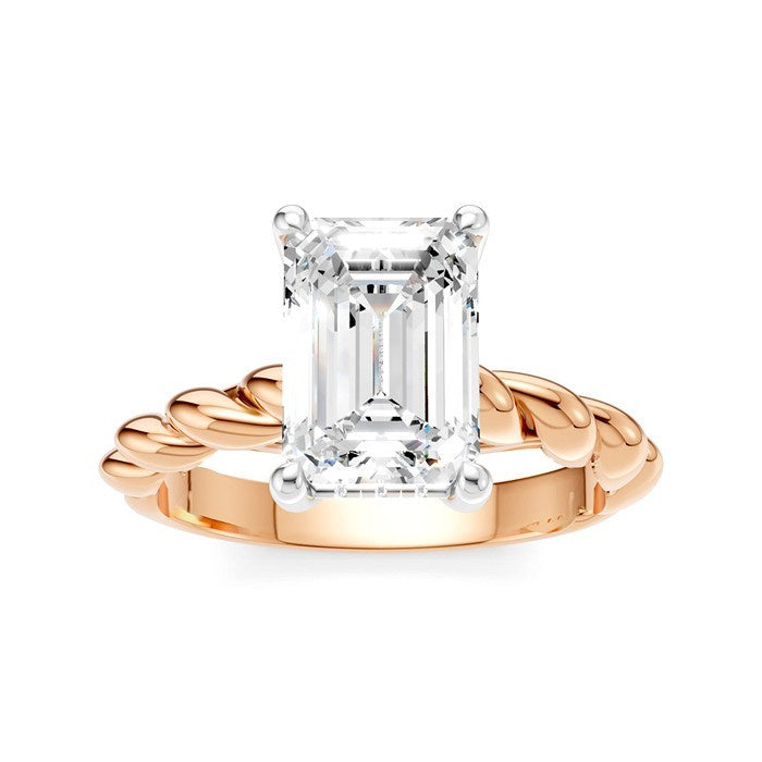 1/10 Ctw Akari Emerald Shape Rope Shank Round Cut Diamond Semi Mount Engagement Ring in 14K Rose and White Gold