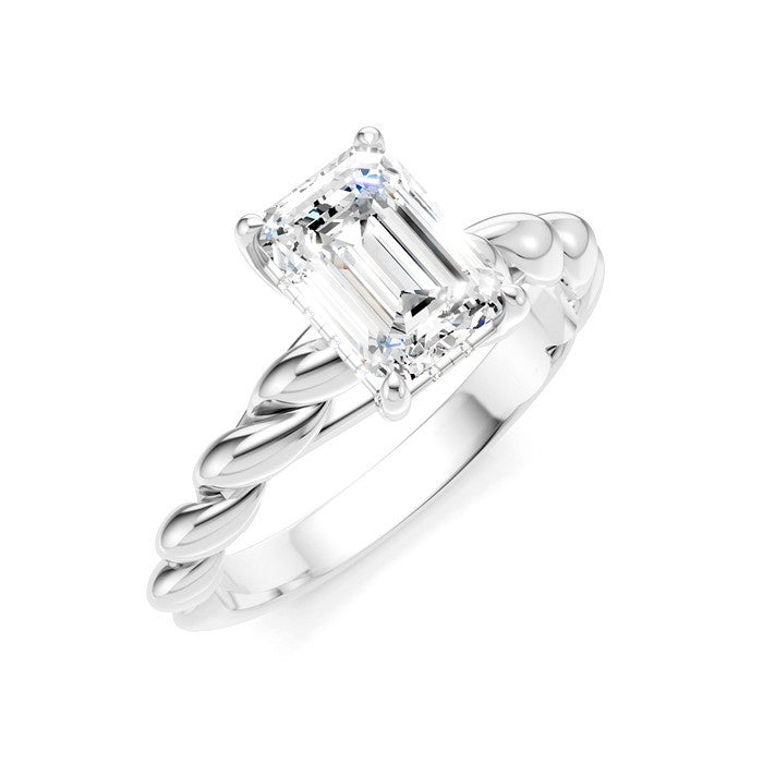 1/20 Ctw Akari Emerald Shape Rope Shank Round Cut Diamond Semi Mount Engagement Ring in 14K White Gold