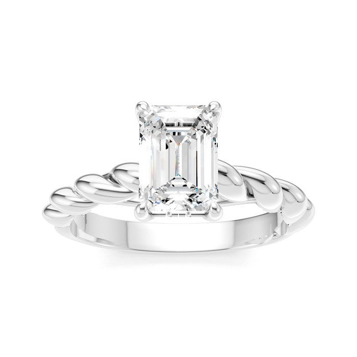 1/20 Ctw Akari Emerald Shape Rope Shank Round Cut Diamond Semi Mount Engagement Ring in 14K White Gold