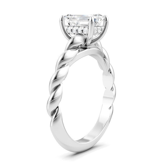 1/20 Ctw Akari Emerald Shape Rope Shank Round Cut Diamond Semi Mount Engagement Ring in 14K White Gold