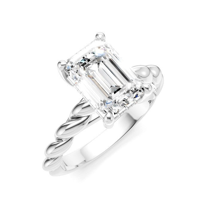 1/10 Ctw Akari Emerald Shape Rope Shank Round Cut Diamond Semi Mount Engagement Ring in 14K White Gold