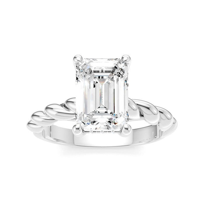1/10 Ctw Akari Emerald Shape Rope Shank Round Cut Diamond Semi Mount Engagement Ring in 14K White Gold
