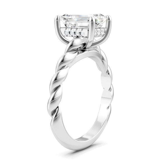 1/10 Ctw Akari Emerald Shape Rope Shank Round Cut Diamond Semi Mount Engagement Ring in 14K White Gold