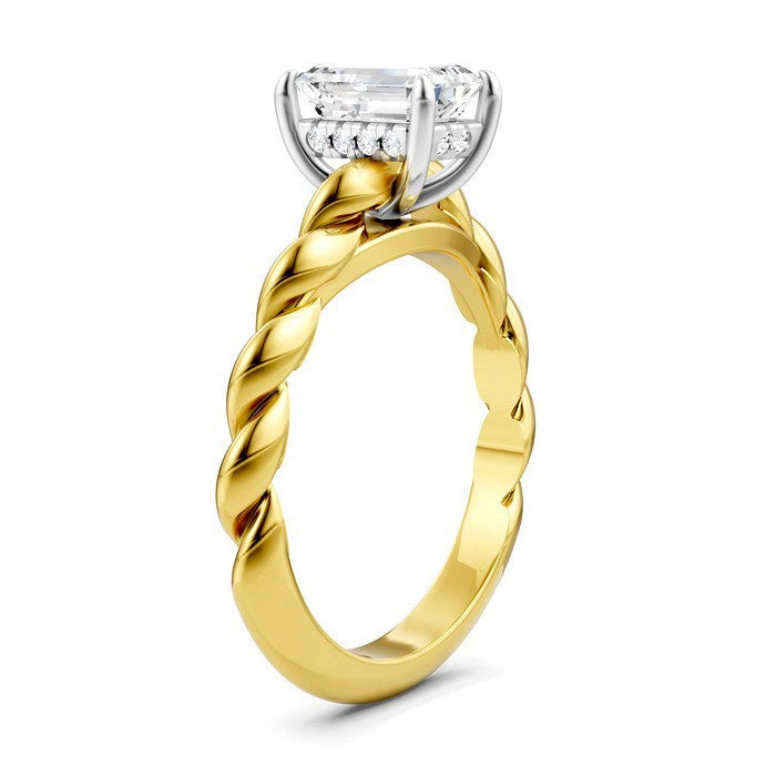 1/20 Ctw Akari Emerald Shape Rope Shank Round Cut Diamond Semi Mount Engagement Ring in 14K Yellow and White Gold