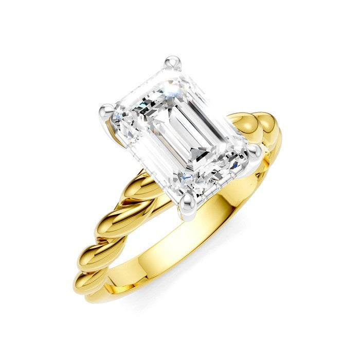 1/10 Ctw Akari Emerald Shape Rope Shank Round Cut Diamond Semi Mount Engagement Ring in 14K Yellow and White Gold