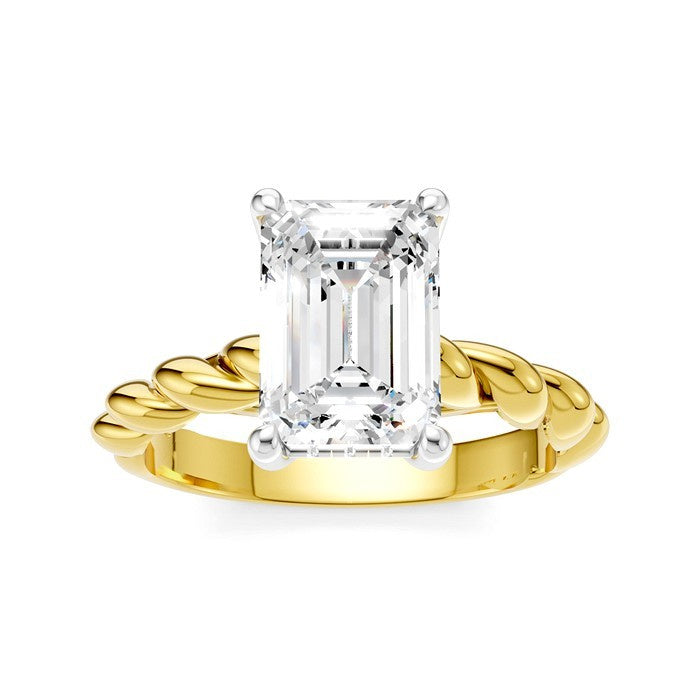 1/10 Ctw Akari Emerald Shape Rope Shank Round Cut Diamond Semi Mount Engagement Ring in 14K Yellow and White Gold