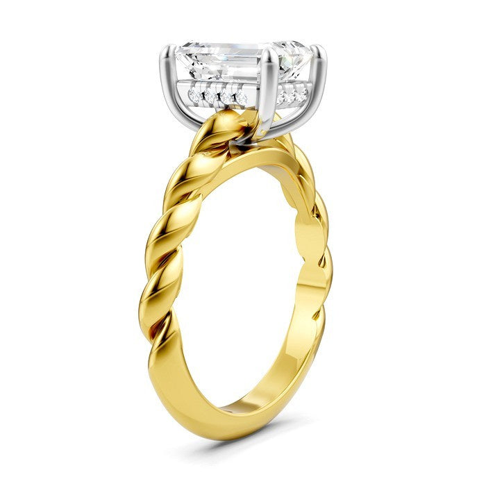 1/10 Ctw Akari Emerald Shape Rope Shank Round Cut Diamond Semi Mount Engagement Ring in 14K Yellow and White Gold