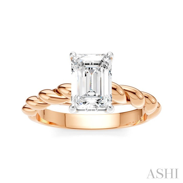 1/20 Ctw Akari Emerald Shape Rope Shank Round Cut Diamond Semi Mount Engagement Ring in 14K Rose and White Gold