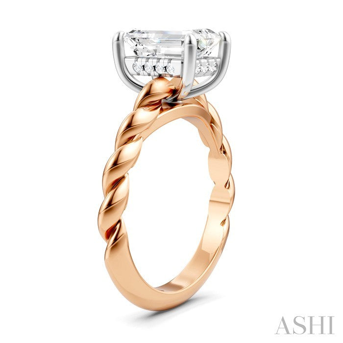 1/10 Ctw Akari Emerald Shape Rope Shank Round Cut Diamond Semi Mount Engagement Ring in 14K Rose and White Gold