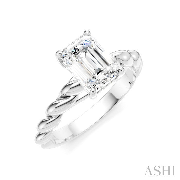 1/20 Ctw Akari Emerald Shape Rope Shank Round Cut Diamond Semi Mount Engagement Ring in 14K White Gold