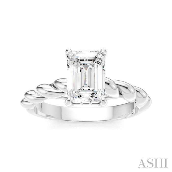1/20 Ctw Akari Emerald Shape Rope Shank Round Cut Diamond Semi Mount Engagement Ring in 14K White Gold