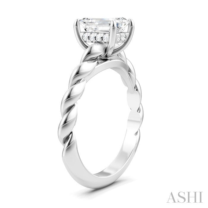 1/20 Ctw Akari Emerald Shape Rope Shank Round Cut Diamond Semi Mount Engagement Ring in 14K White Gold