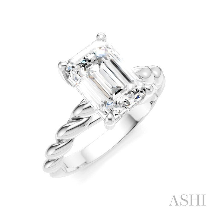 1/10 Ctw Akari Emerald Shape Rope Shank Round Cut Diamond Semi Mount Engagement Ring in 14K White Gold