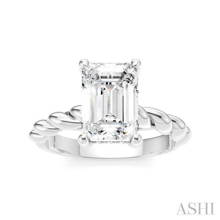 1/10 Ctw Akari Emerald Shape Rope Shank Round Cut Diamond Semi Mount Engagement Ring in 14K White Gold