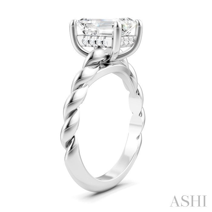 1/10 Ctw Akari Emerald Shape Rope Shank Round Cut Diamond Semi Mount Engagement Ring in 14K White Gold