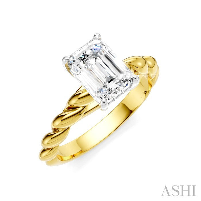 1/20 Ctw Akari Emerald Shape Rope Shank Round Cut Diamond Semi Mount Engagement Ring in 14K Yellow and White Gold