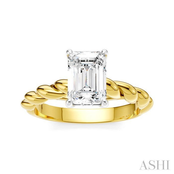 1/20 Ctw Akari Emerald Shape Rope Shank Round Cut Diamond Semi Mount Engagement Ring in 14K Yellow and White Gold