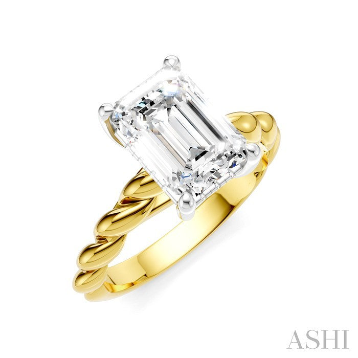 1/10 Ctw Akari Emerald Shape Rope Shank Round Cut Diamond Semi Mount Engagement Ring in 14K Yellow and White Gold