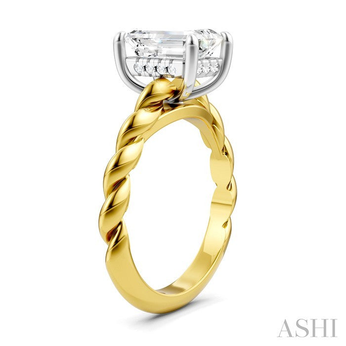 1/10 Ctw Akari Emerald Shape Rope Shank Round Cut Diamond Semi Mount Engagement Ring in 14K Yellow and White Gold
