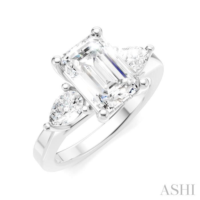 1/2 Ctw Tri-Mount Emerald Shape Center Pear and Round Cut Diamond Semi-Mount Engagement Ring in 14K White Gold
