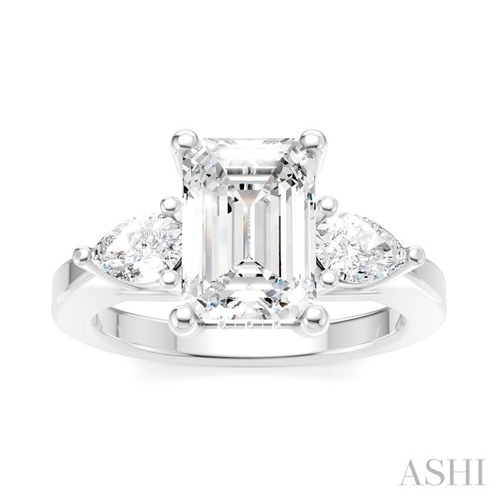 1/2 Ctw Tri-Mount Emerald Shape Center Pear and Round Cut Diamond Semi-Mount Engagement Ring in 14K White Gold