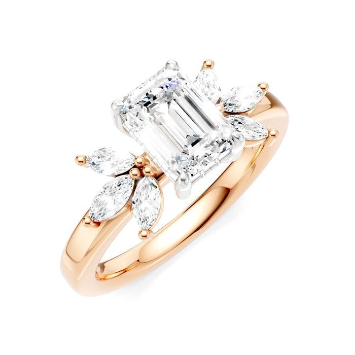 1/2 Ctw Emerald Shape Marquise and Round Cut Diamond Semi-Mount Engagement Ring in 14K Rose and White Gold