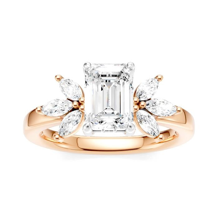 1/2 Ctw Emerald Shape Marquise and Round Cut Diamond Semi-Mount Engagement Ring in 14K Rose and White Gold