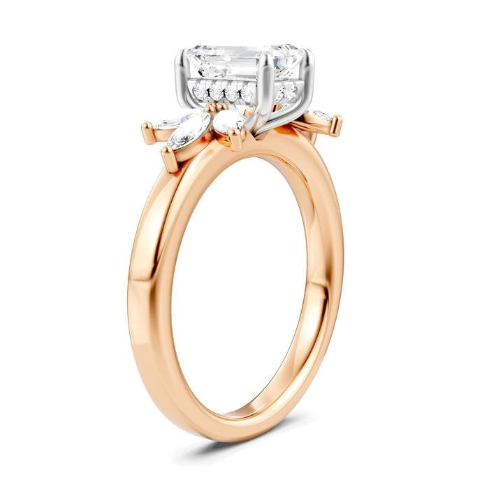 1/2 Ctw Emerald Shape Marquise and Round Cut Diamond Semi-Mount Engagement Ring in 14K Rose and White Gold
