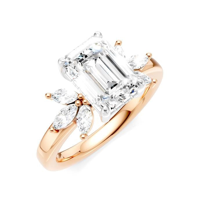 1/2 Ctw Emerald Shape Marquise and Round Cut Diamond Semi-Mount Engagement Ring in 14K Rose and White Gold
