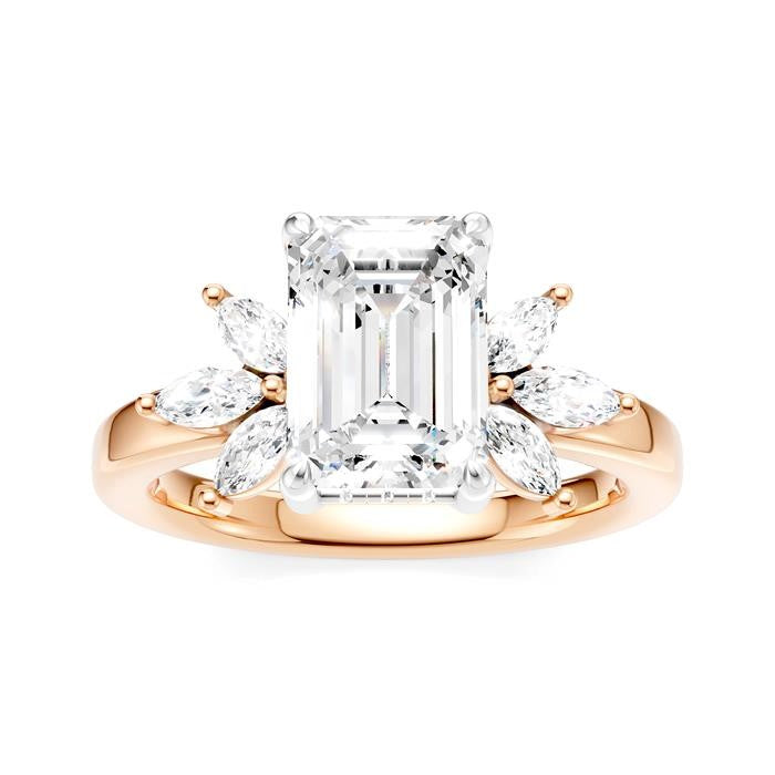 1/2 Ctw Emerald Shape Marquise and Round Cut Diamond Semi-Mount Engagement Ring in 14K Rose and White Gold