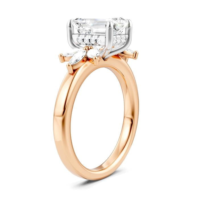 1/2 Ctw Emerald Shape Marquise and Round Cut Diamond Semi-Mount Engagement Ring in 14K Rose and White Gold