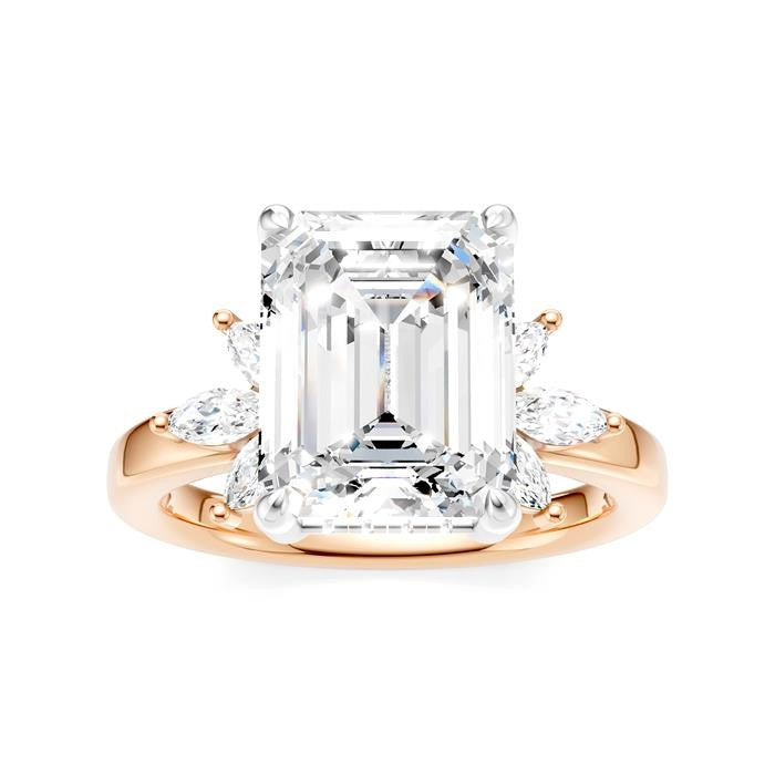 5/8 Ctw Emerald Shape Marquise and Round Cut Diamond Semi-Mount Engagement Ring in 14K Rose and White Gold