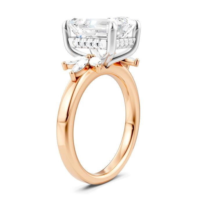 5/8 Ctw Emerald Shape Marquise and Round Cut Diamond Semi-Mount Engagement Ring in 14K Rose and White Gold