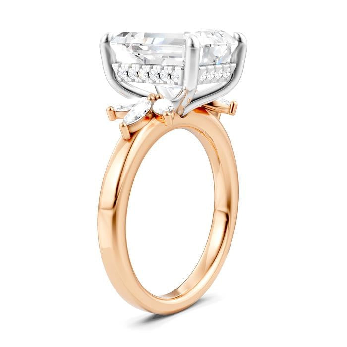 5/8 Ctw Emerald Shape Marquise and Round Cut Diamond Semi-Mount Engagement Ring in 14K Rose and White Gold