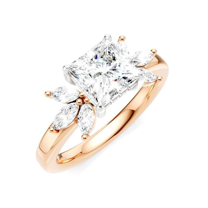 1/2 Ctw Akari Princess Shape Marquise and Round Cut Diamond Semi-Mount Engagement Ring in 14K Rose and White Gold