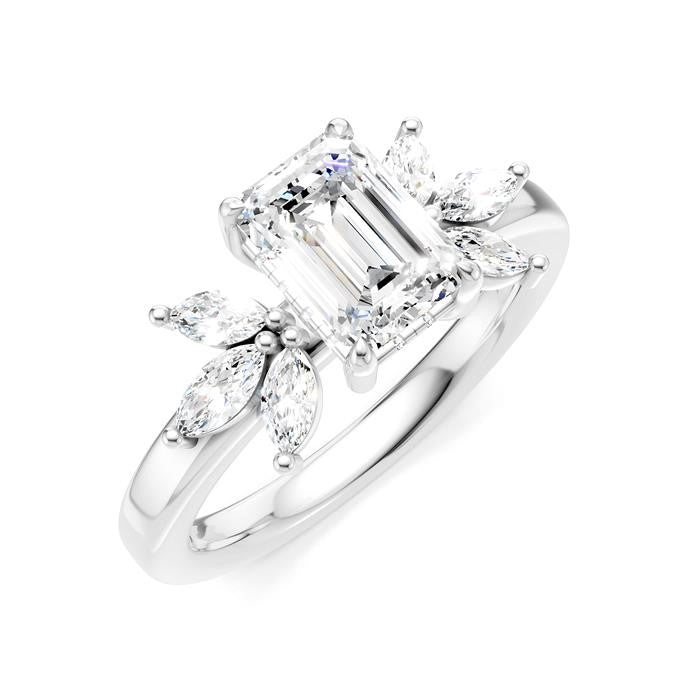 1/2 Ctw Emerald Shape Marquise and Round Cut Diamond Semi-Mount Engagement Ring in 14K White Gold