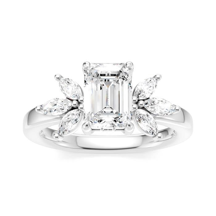 1/2 Ctw Emerald Shape Marquise and Round Cut Diamond Semi-Mount Engagement Ring in 14K White Gold
