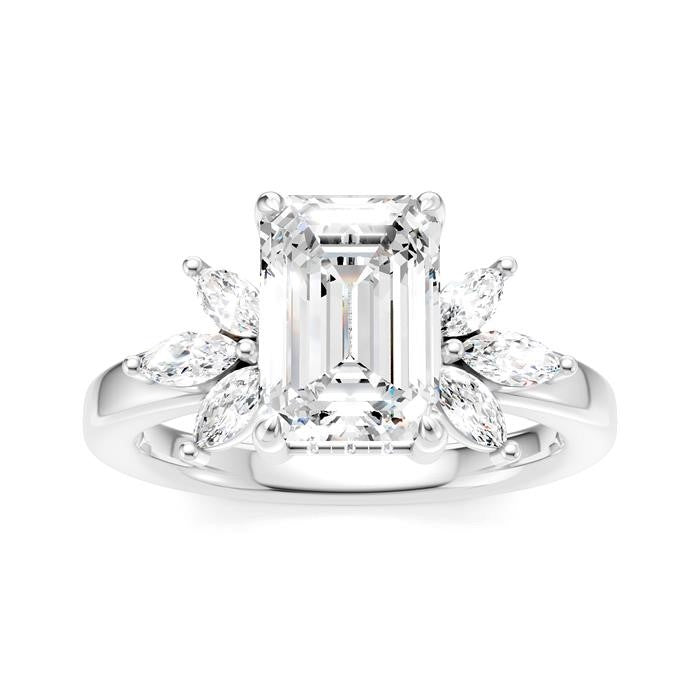 1/2 Ctw Emerald Shape Marquise and Round Cut Diamond Semi-Mount Engagement Ring in 14K White Gold
