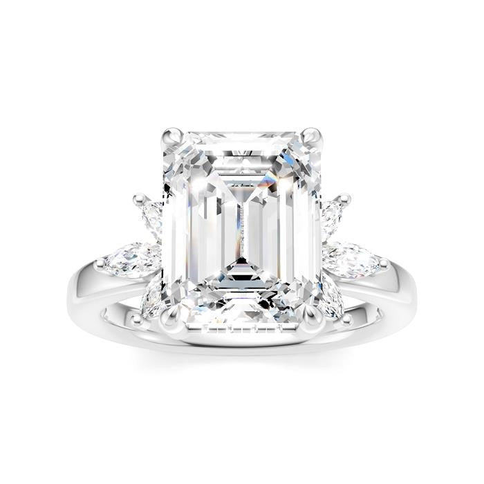 5/8 Ctw Emerald Shape Marquise and Round Cut Diamond Semi-Mount Engagement Ring in 14K White Gold