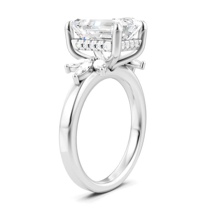 5/8 Ctw Emerald Shape Marquise and Round Cut Diamond Semi-Mount Engagement Ring in 14K White Gold