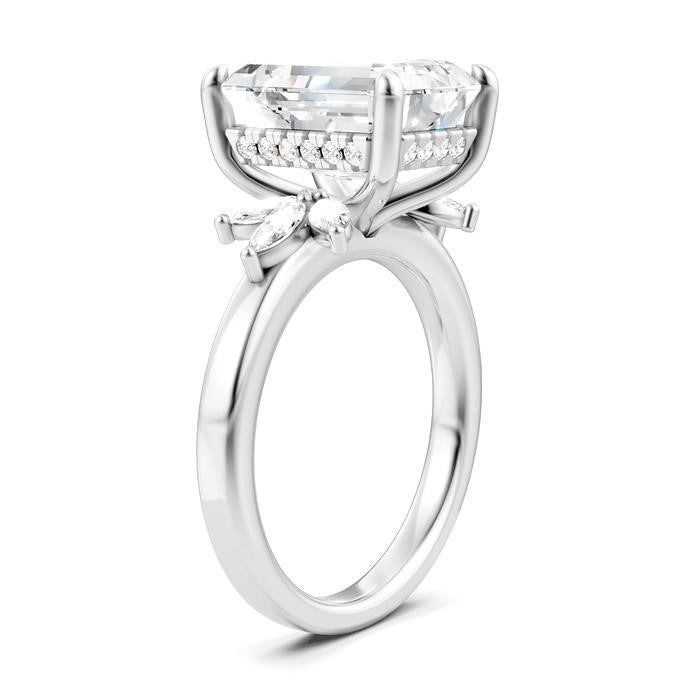 5/8 Ctw Emerald Shape Marquise and Round Cut Diamond Semi-Mount Engagement Ring in 14K White Gold