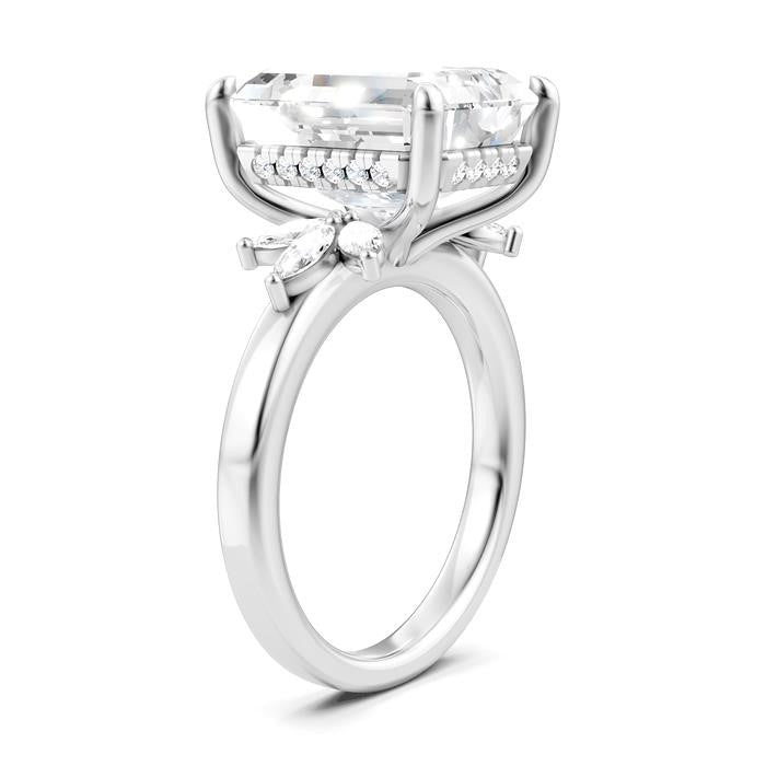 5/8 Ctw Emerald Shape Marquise and Round Cut Diamond Semi-Mount Engagement Ring in 14K White Gold