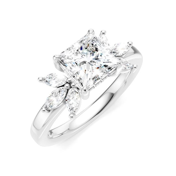 1/2 Ctw Akari Princess Shape Marquise and Round Cut Diamond Semi-Mount Engagement Ring in 14K White Gold