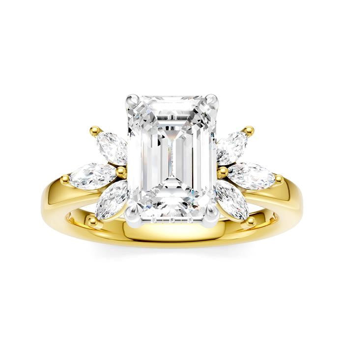 1/2 Ctw Emerald Shape Marquise and Round Cut Diamond Semi-Mount Engagement Ring in 14K Yellow and White Gold